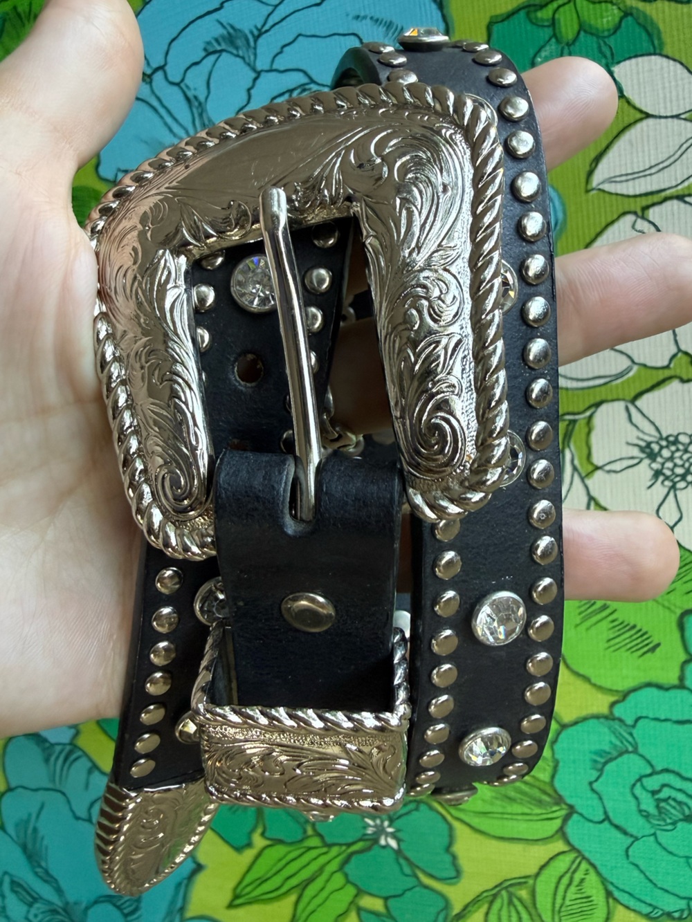 Nocona Belt Co Studded Bejewelled Black Leather Western Silver Tone Buckle Y2K S - Picture 2 of 3